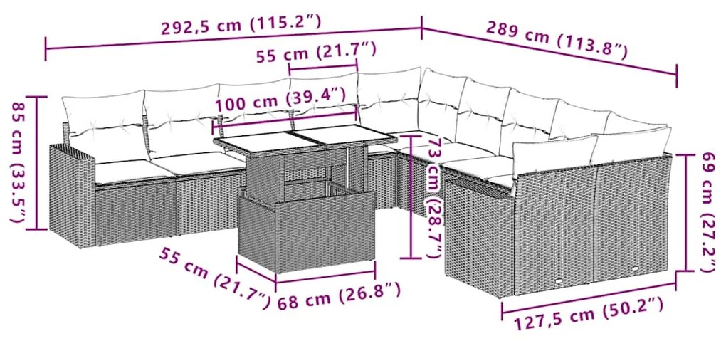 11 pcs conjunto sofás de jardim c/ almofadões vime PE preto