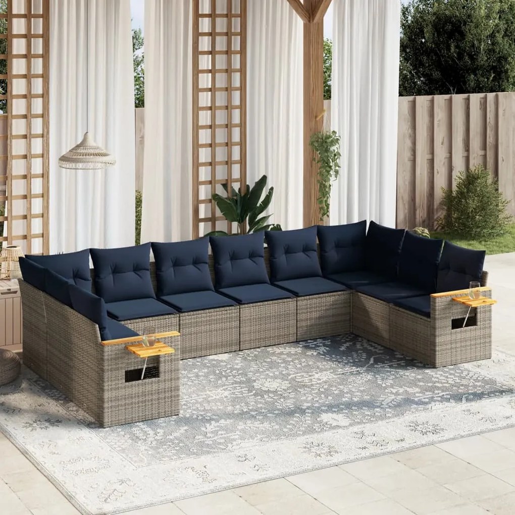 vidaXL 10 pcs conjunto sofás p/ jardim c/ almofadões vime PE cinzento