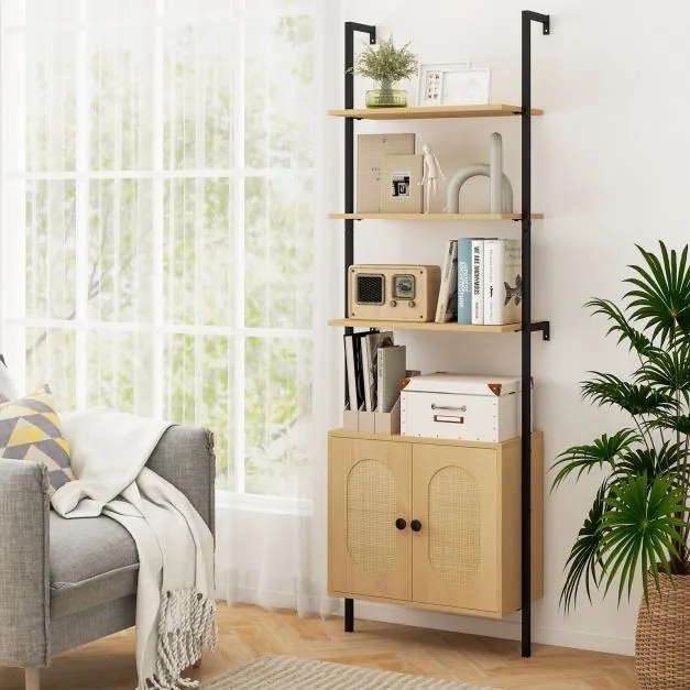 Estante de parede 60 x 30 x 184 cm 3 níveis com armário de rattan, forma de escada para montagem na parede Natural e preto