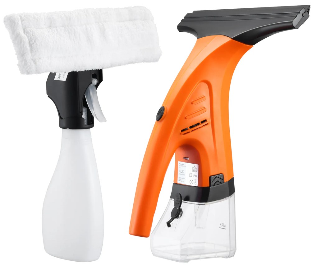 HOMCOM Limpa Vidros Elétrico 2 em 1 Aspirador Limpador de Vidros com Depósito de Água 300ml e Ponta de Borracha Inclui Pulverizador 19,5x12,5x33cm Laranja