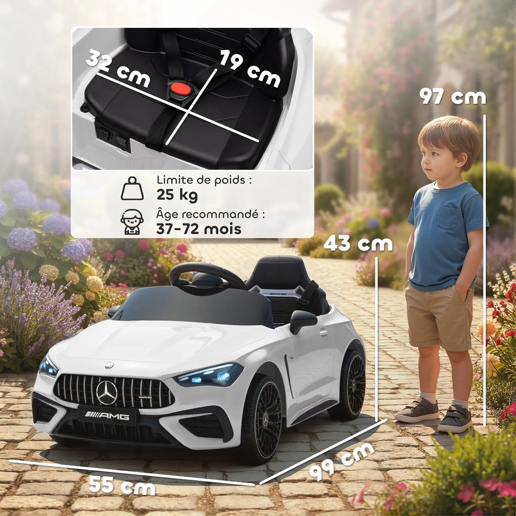 Carro elétrico infantil Mercedes AMG CLE 53, 12 V, 2 motores, crianças 2 a 6 anos comando à distância para os pais de 2,4 GHz, 99 x 55 x 43 cm, branco