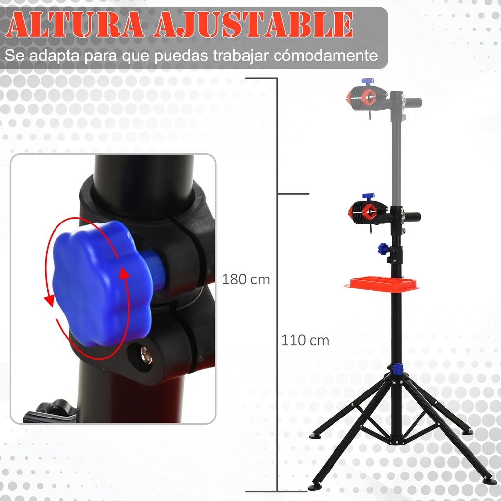 HOMCOM Suporte de reparo Cavalete de bicicleta portátil para casa Altura ajustável 110-180cm com 4 pernas Bandeja de ferramentas Até 25kg 84x84x180 Preto