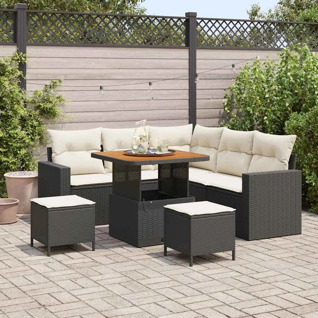 vidaXL Conjunto de Sofás de Jardim de 8 Peças com Almofadas Pretas, em Polirattan e Acácia