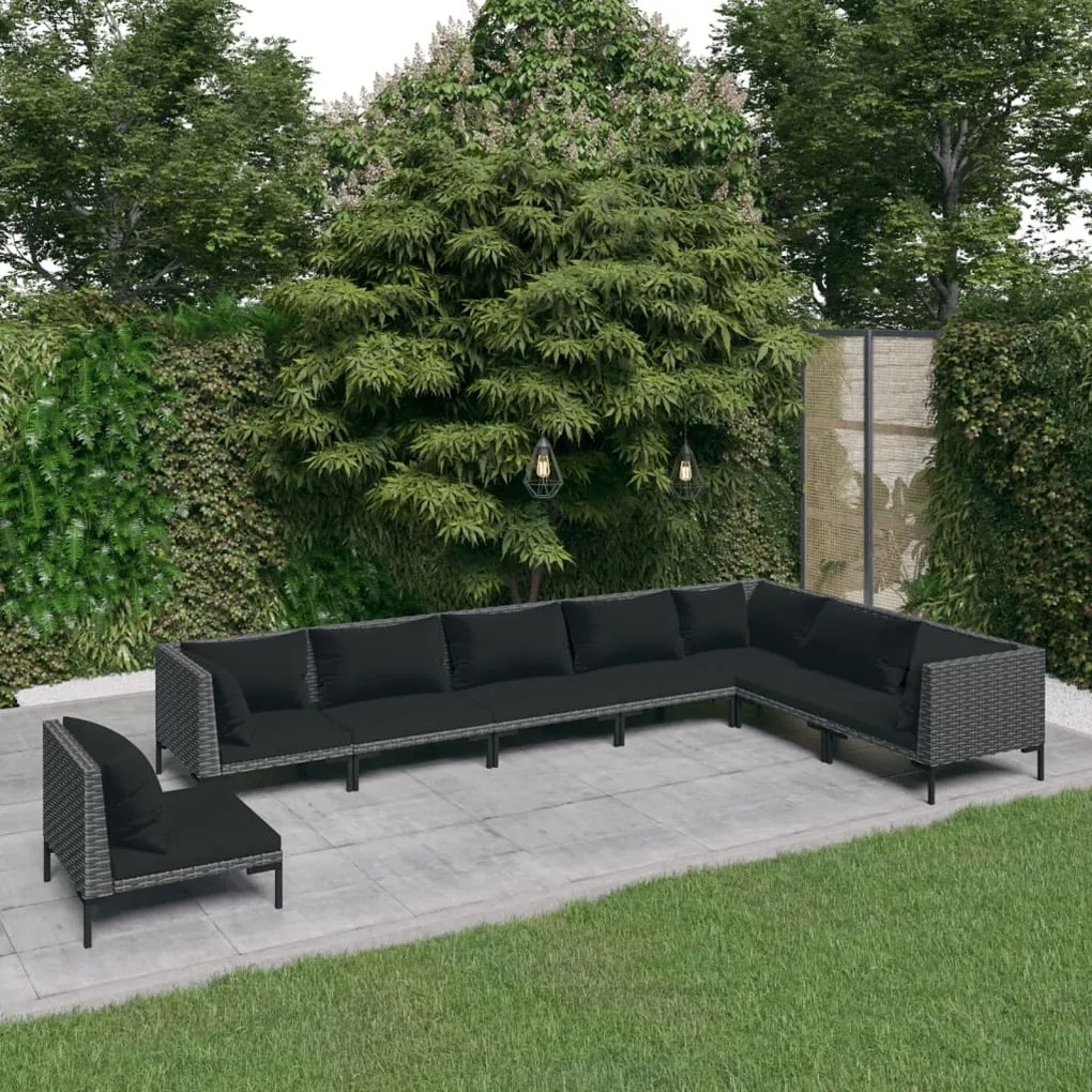 vidaXL 8 pcs conj. lounge jardim c/ almofadões vime PE cinzento-escuro