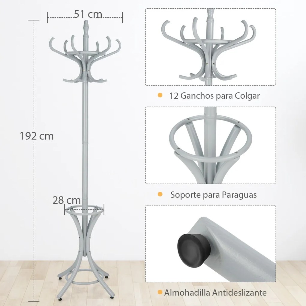 Cabide de madeira 184cm Cabide Árvore com suporte 12 cabides para pendurar roupas Chapéu para entrada do quarto cinza