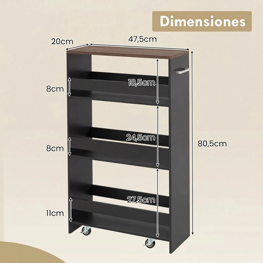 Carrinho de Arrumação Estreito para Cozinha, 47,5 x 20 x 80,5 cm, 4 Prateleiras, Castanho+Preto