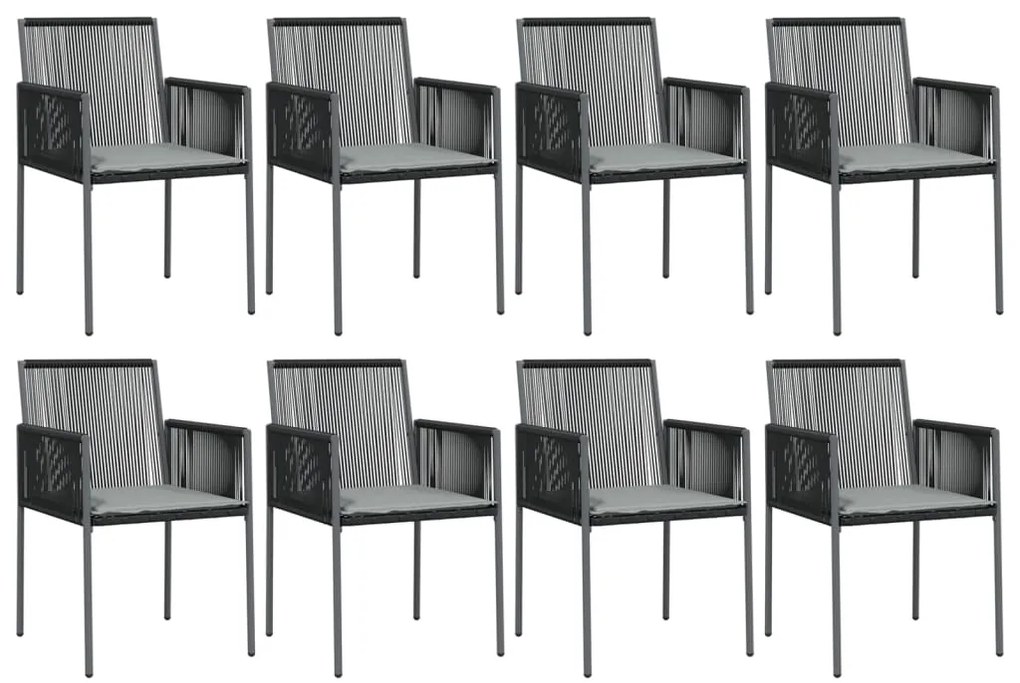 9 pcs conjunto jantar p/ jardim c/ almofadões vime PE/aço preto