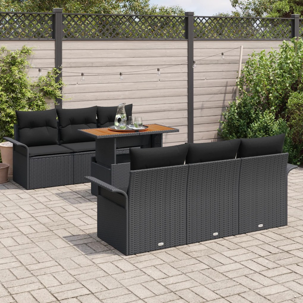 Conjunto de Sofás de Jardim de 7 Peças com Almofadas Preto Rattan Poli