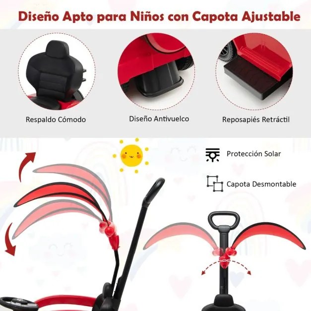Carro de passeio 3 em 1 para crianças com capota ajustável, alça para os pais, barra de apoio para os braços, som de motor e buzina vermelho