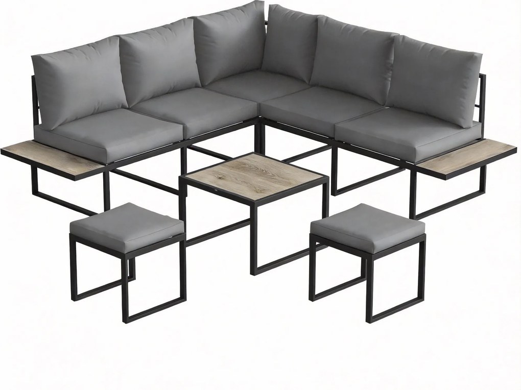 Outsunny Conjunto de jardim exterior 6 pessoas modular mesa de centro e tampos laterais em PSPC efeito madeira almofadas espessas 10cm cinza | Aosom Portugal