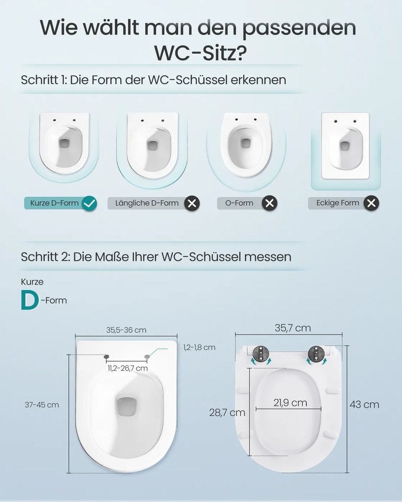 Assento de sanita em forma de D 43 x 35,7 cm (C x L), curto, com sistema de descida suave e fácil remoção, branco