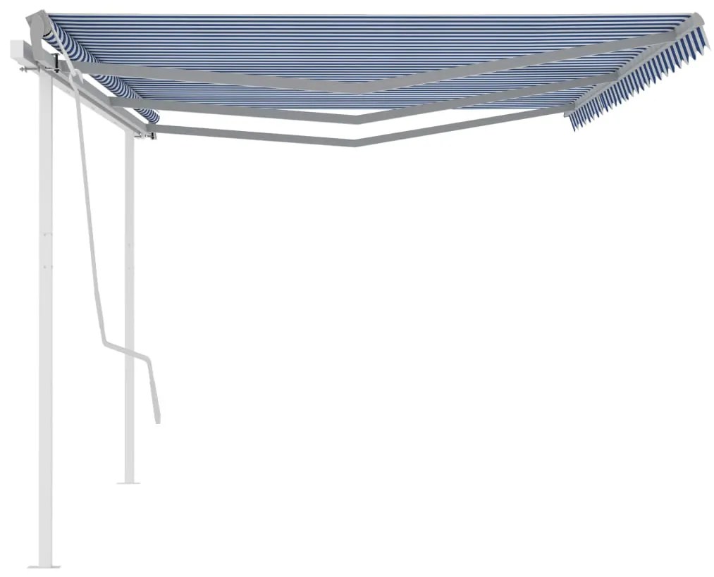 Toldo retrátil manual com postes 6x3,5 m azul e branco