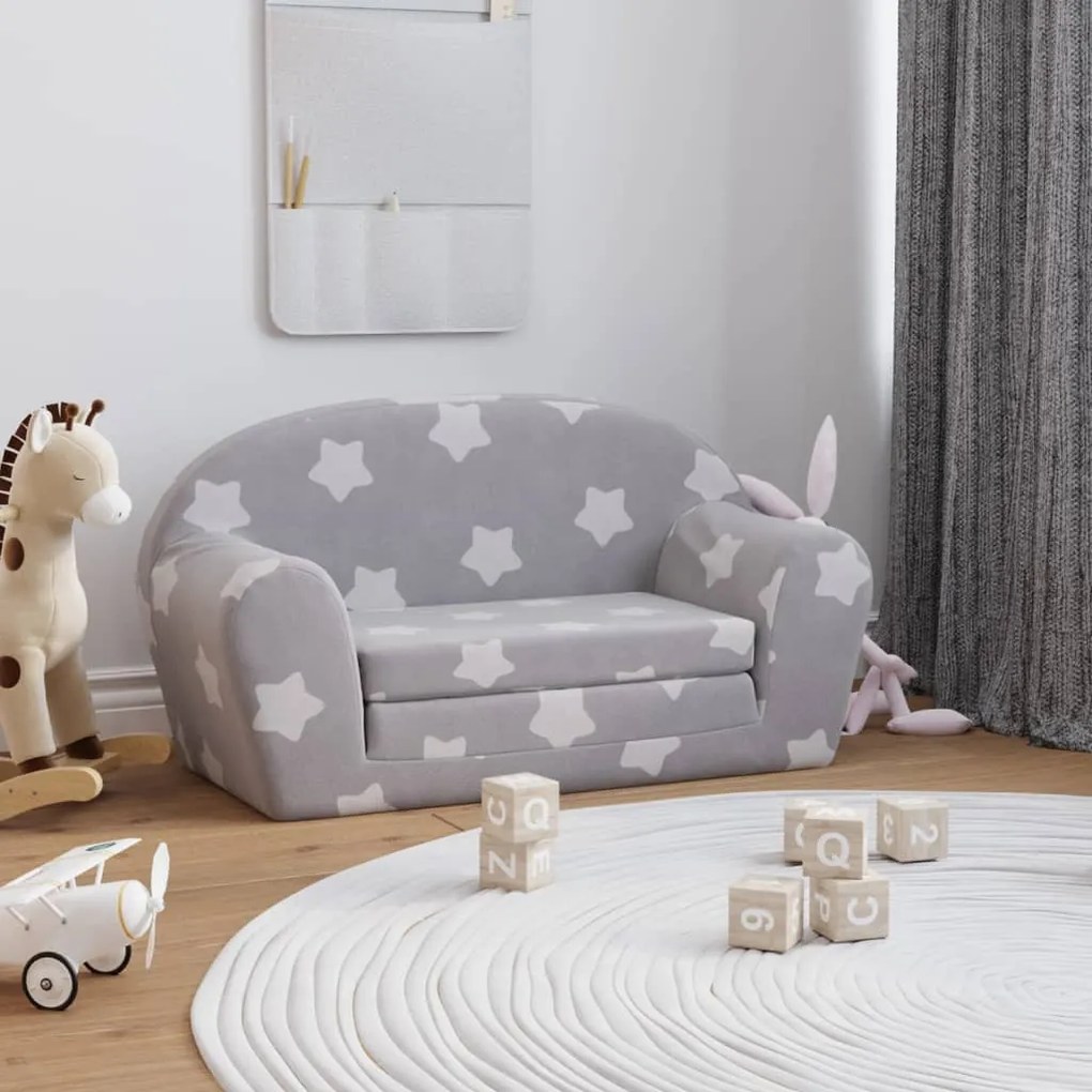 341779 vidaXL Sofá-cama infantil 2 lugares c/ estrelas pelúcia cinzento-claro