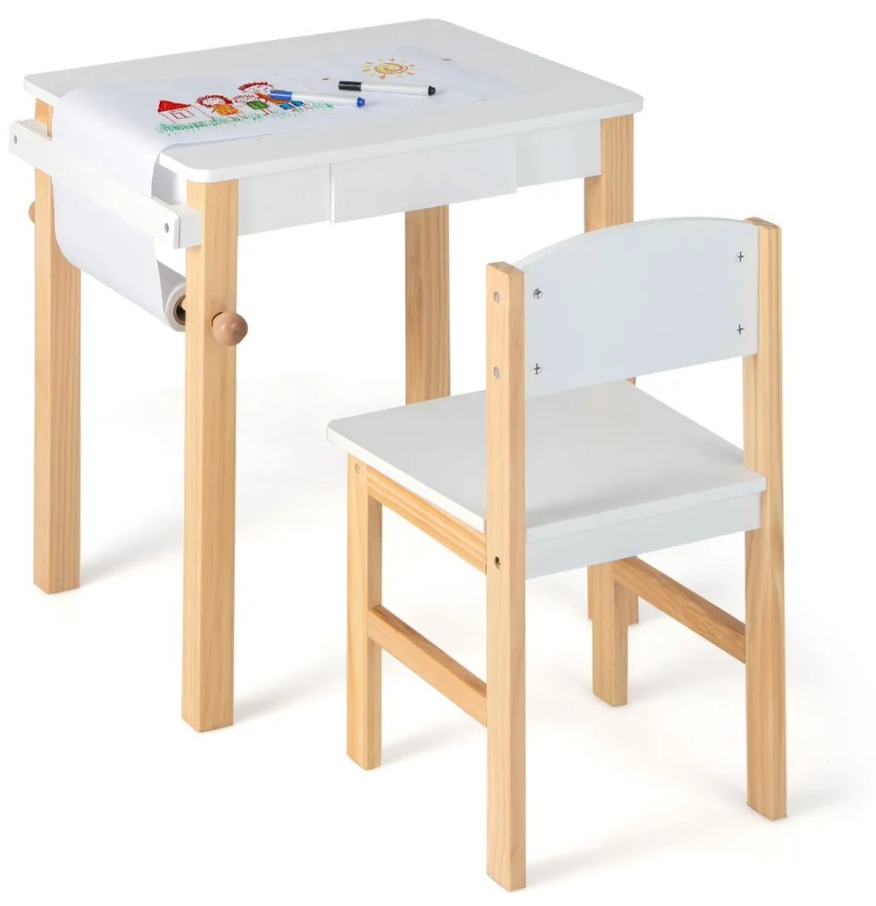 Conjunto de mesa e cadeira de arte para crianças Secretária e cadeira de desenho com pernas de madeira maciça Gaveta Rolo de papel 2 canetas marcadora