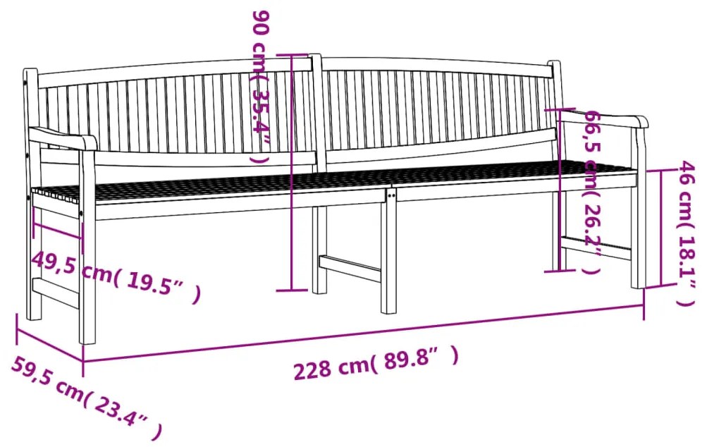 Banco de jardim 228x59,5x90 cm madeira de teca maciça