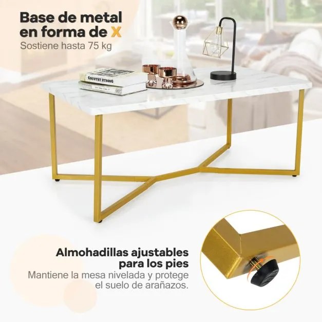 Mesa de Centro 107 x 60 x 45,5 cm com Superfície em Imitação de Mármore 107 x 60 x 45,5 cm Branca e dourada