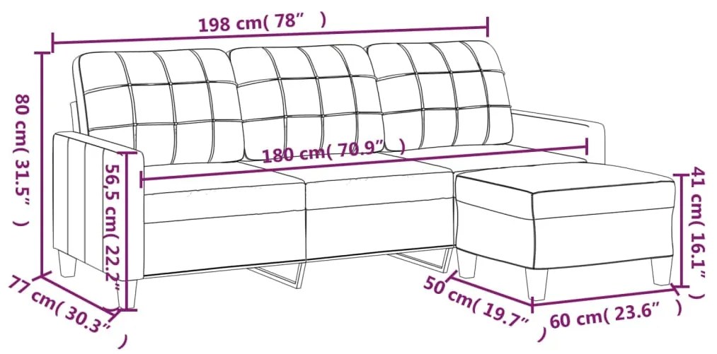 Sofá de 3 lugares c/ apoio de pés 180 cm couro artificial cinza