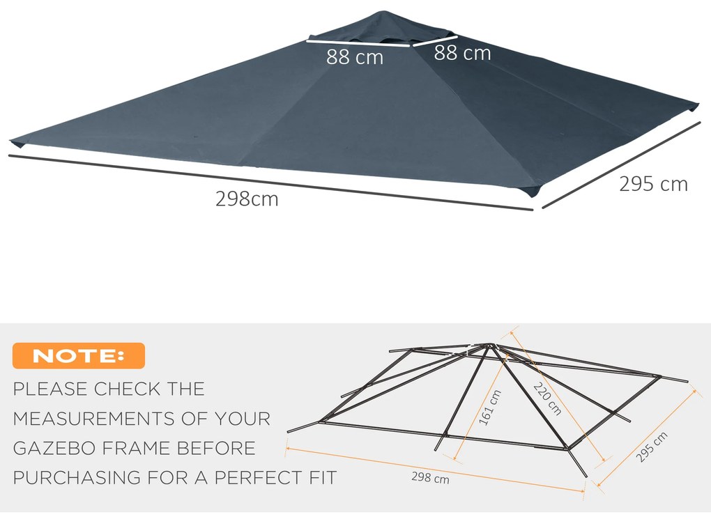 Outsunny Toldo de Substituição de 3x3m para Pérgola de Jardim com 8 Orifícios de Drenagem e Ventilação Cinza