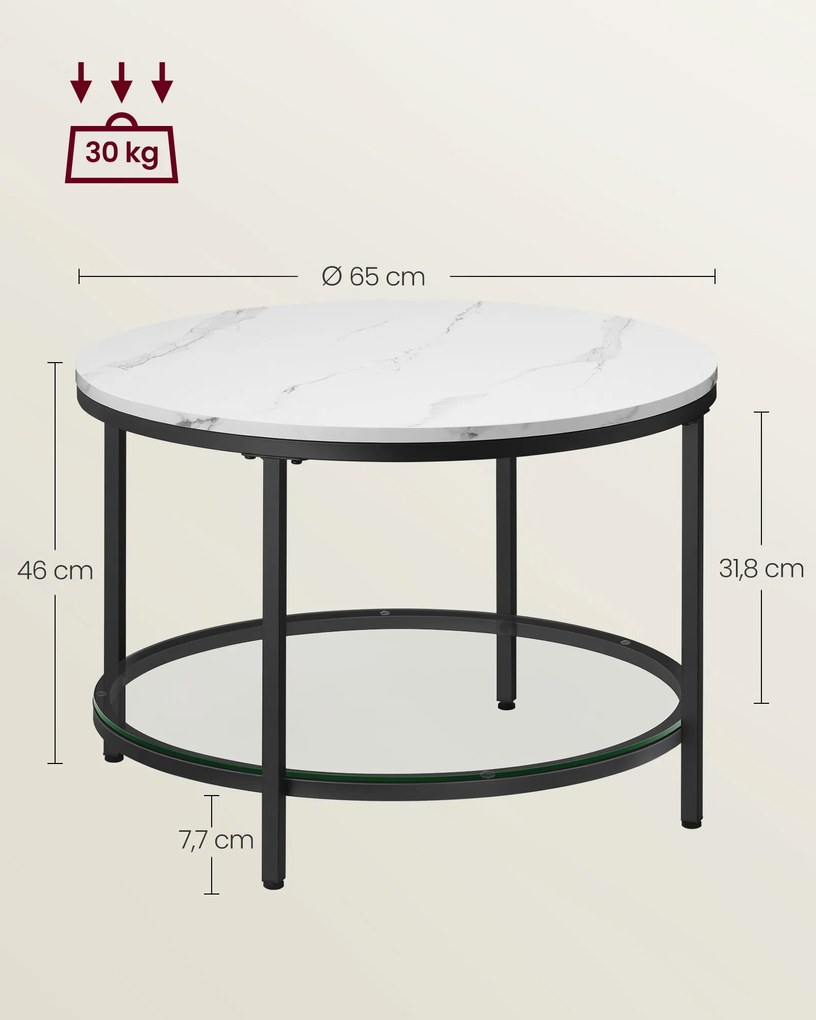 Mesa de sala com tampo em com efeito mármore e estrutura simples 65 x 46 cm (Ø x A) Branco mármore-Preto