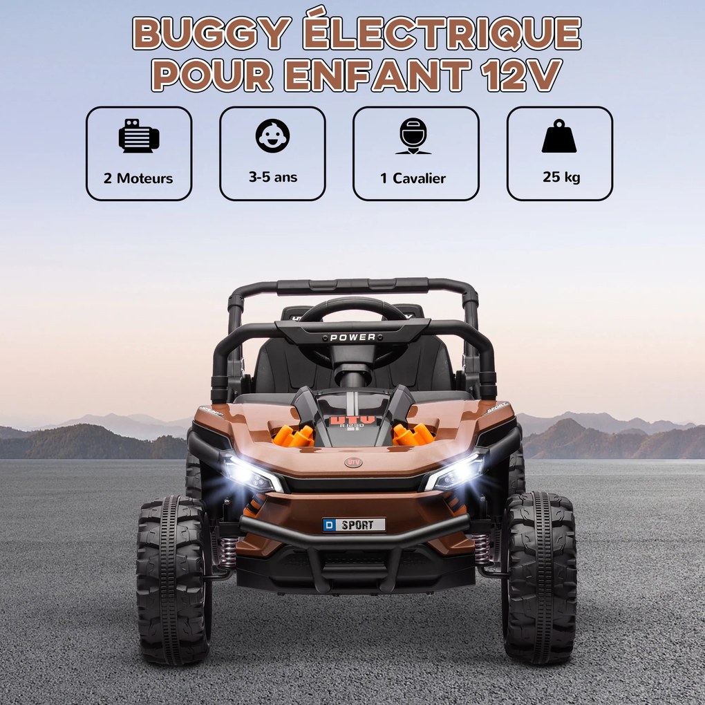 Carro elétrico infantil UTV buggy elétrico infantil com controlo remoto de 2,4 GHz, 2 motores, 103 x 69 x 59 cm, castanho