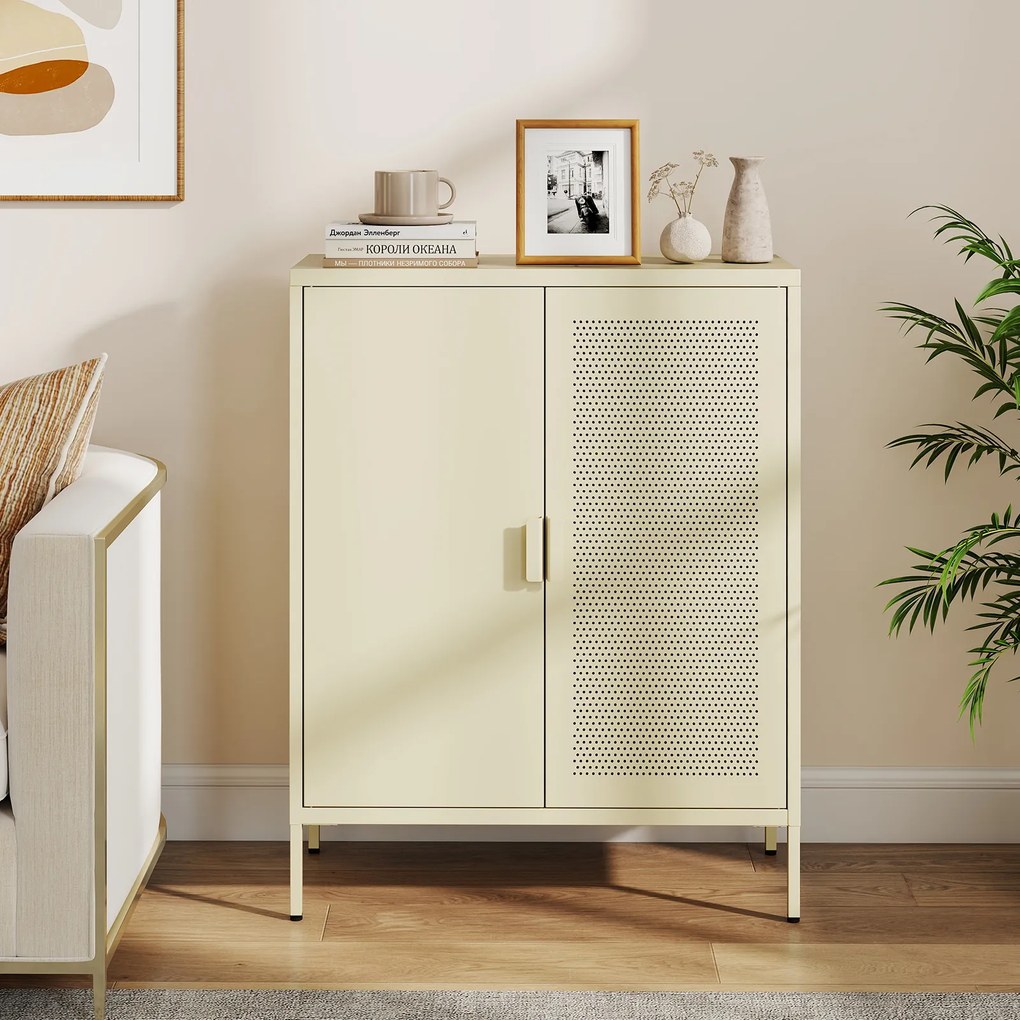 Aparador com 2 Portas, 80 x 35 x 102 cm, Prateleiras Ajustáveis, Amarelo