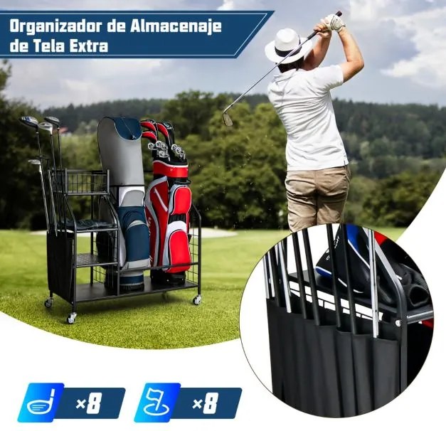 Estante para sacos de golfe Estante dupla para sacos de golfe com rodas universais bloqueáveis Suporte para tacos de golfe 95 x 40 x 94 cm