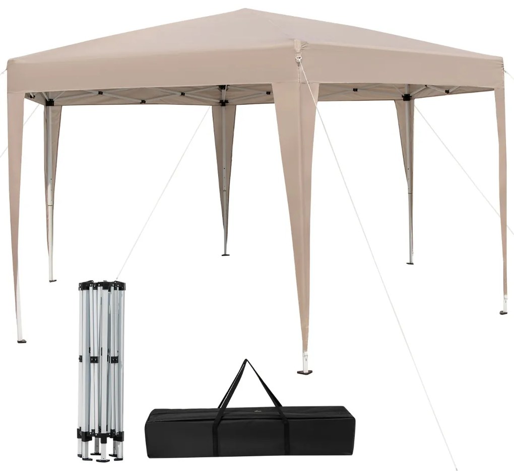 Tenda dobrável hexagonal 400 x 348 cm para exteriores com altura ajustável e pés revestidos cáqui