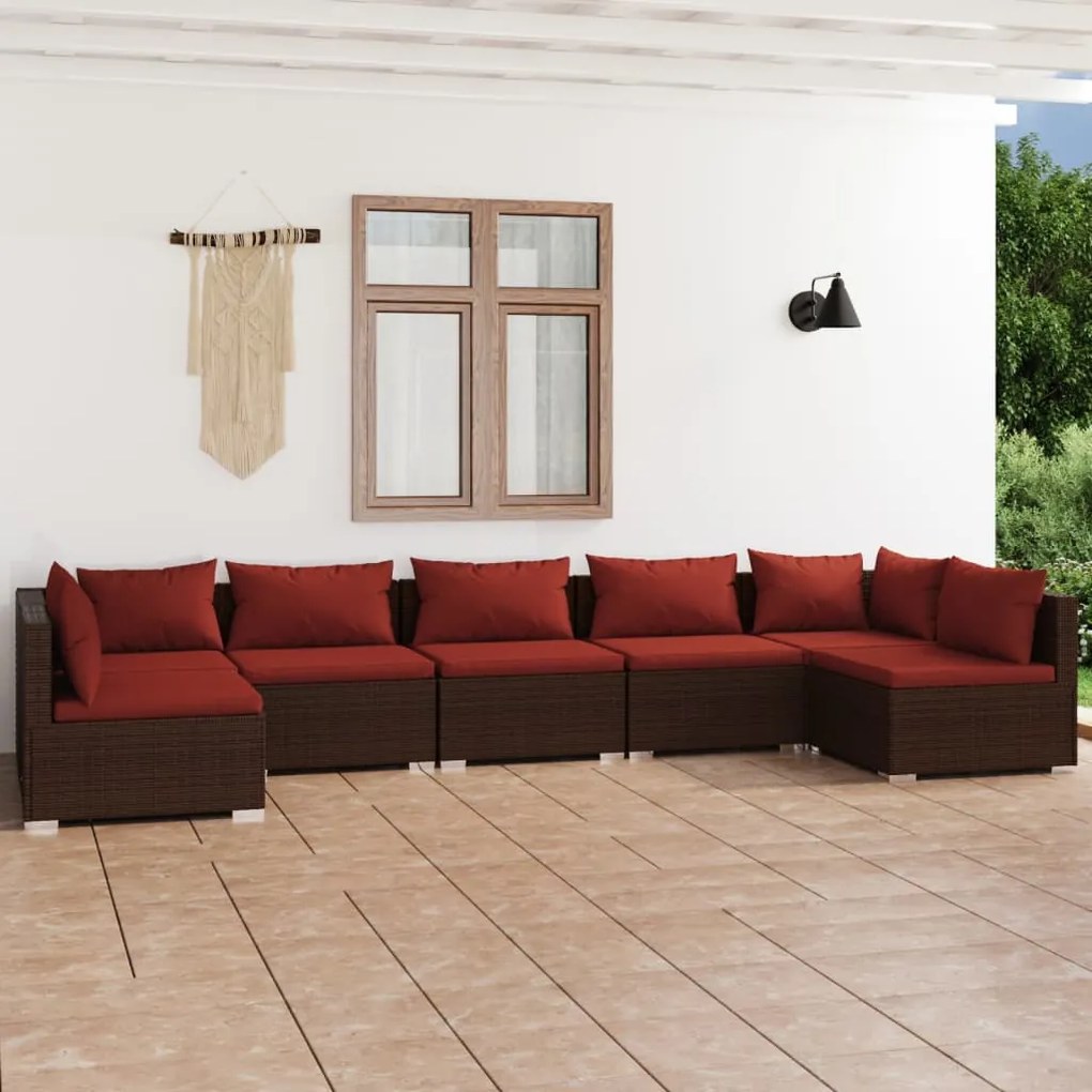 vidaXL 7 pcs conjunto lounge jardim c/ almofadões vime PE castanho