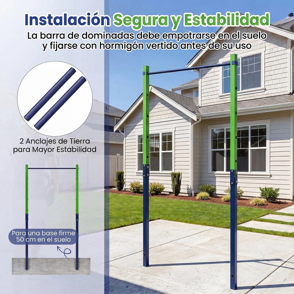 Barra de Elevações Exterior, 115 x 5 x 231,5 cm, Altura Regulável em 5 Posições, Verde