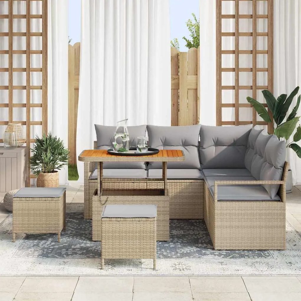 Conjunto de Sofá Jardim 8 Peças com Almofadas Bege Vime PE Acácia