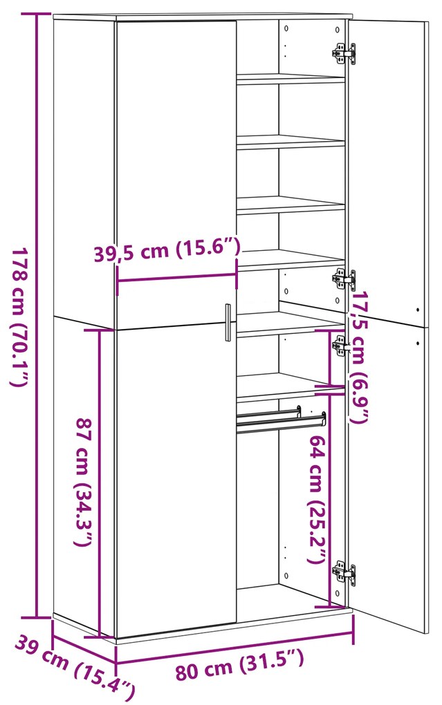 Highboard Carvalho Preto 80x39x178 cm Madeira Revestida
