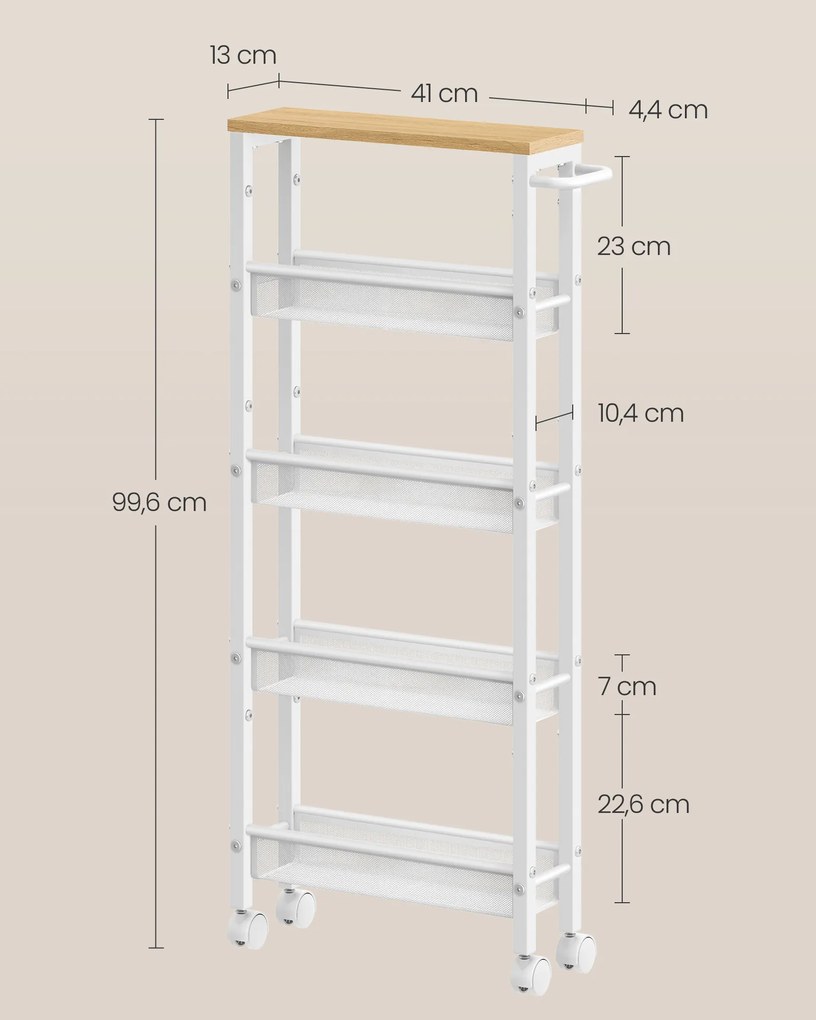 Carrinho de cozinha ou casa de banho estreito com 5 níveis sobre Rodas 13 x 45,4 x 99,6 cm carvalho e branco