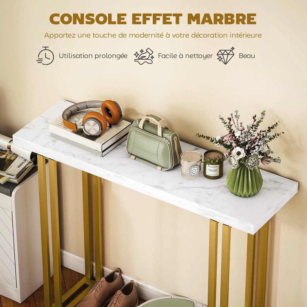 Mesa consola 100 x 30 x 78,5 cm, mesa de entrada, com tampo em imitação de mármore, estrutura em aço, branco e dourado