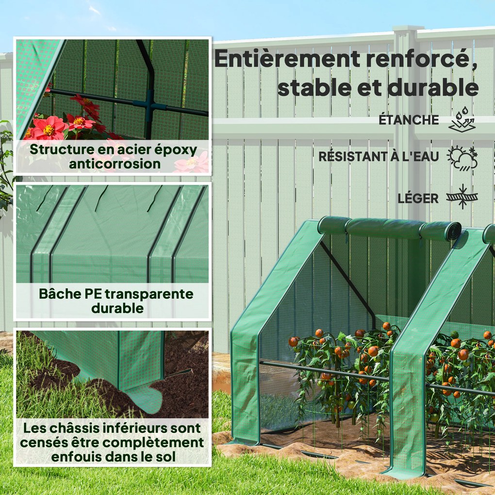 Mini-estufa de jardim 360 x 90 x 90 cm, mini-estufa em túnel com 4 janelas com fecho de correr, aço, PE 140 g/m², proteção anti-UV, verde