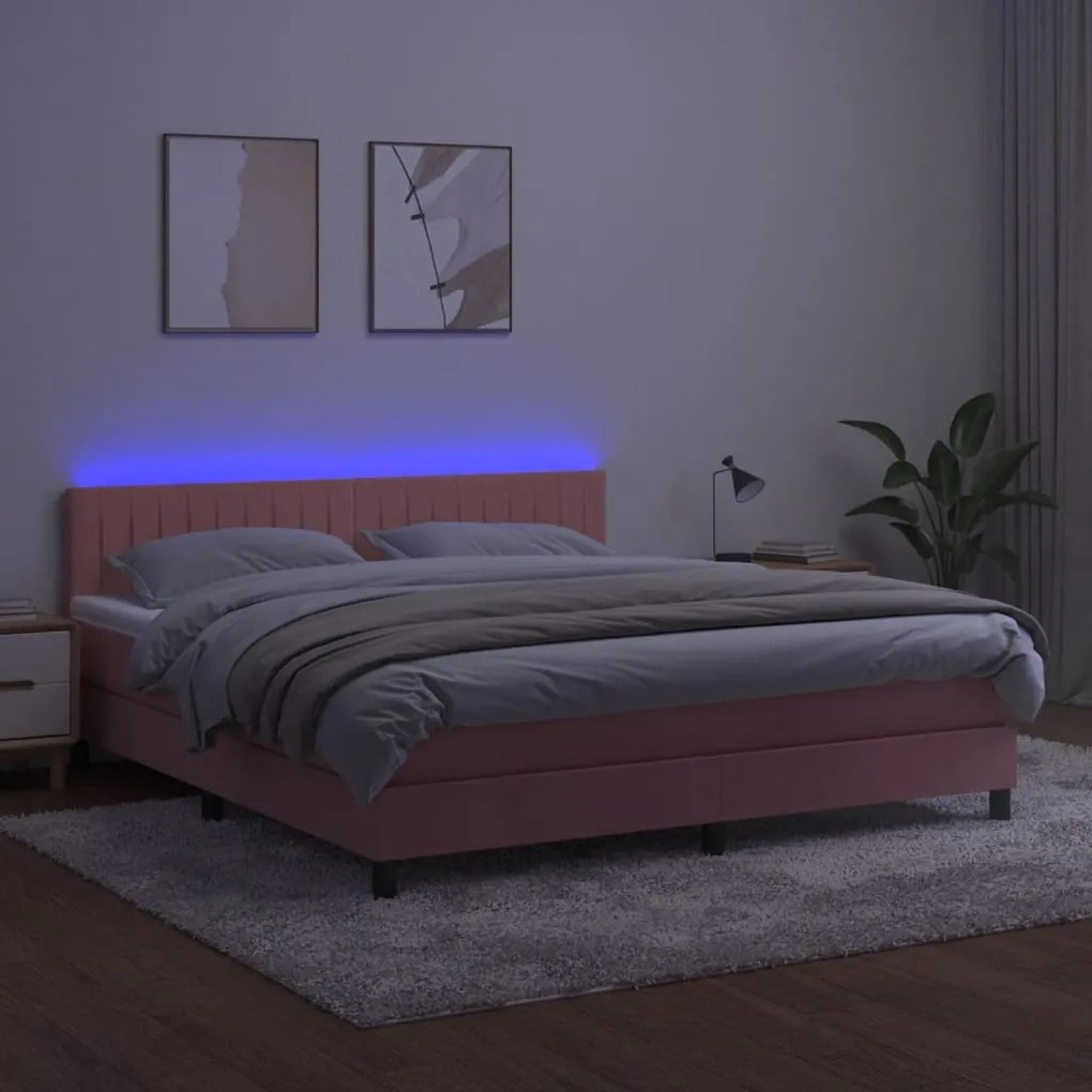 Cama box spring c/ colchão/LED 160x200 cm veludo rosa