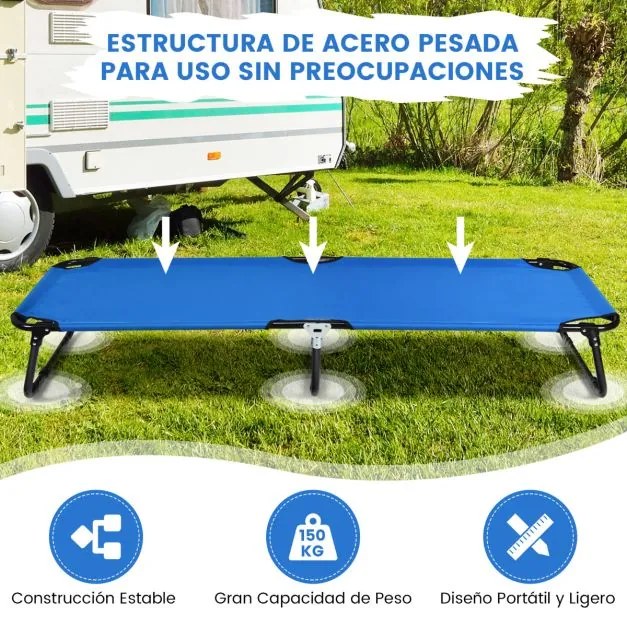 Cama de campismo dobrável de tecido portátil Cama de exterior para dormir Estrutura metálica leve para praia Escritório 191 x 56 x 31 cm Azul