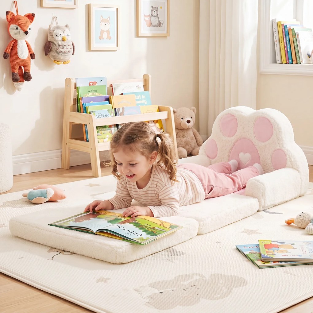 Sofá Infantil em Forma de Pata de Urso, 57 x 44 x 47 cm, Convertível em Colchonete, Rosa