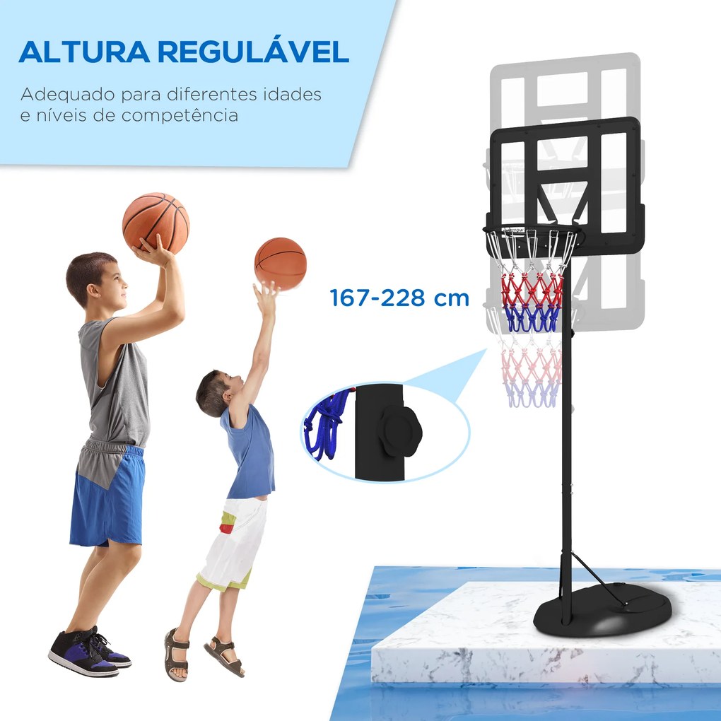 Cesto de Basquetebol com Altura Ajustável 216-277 cm Aro de Basquetebol para Exterior com Rodas e Base Recarregável Preto