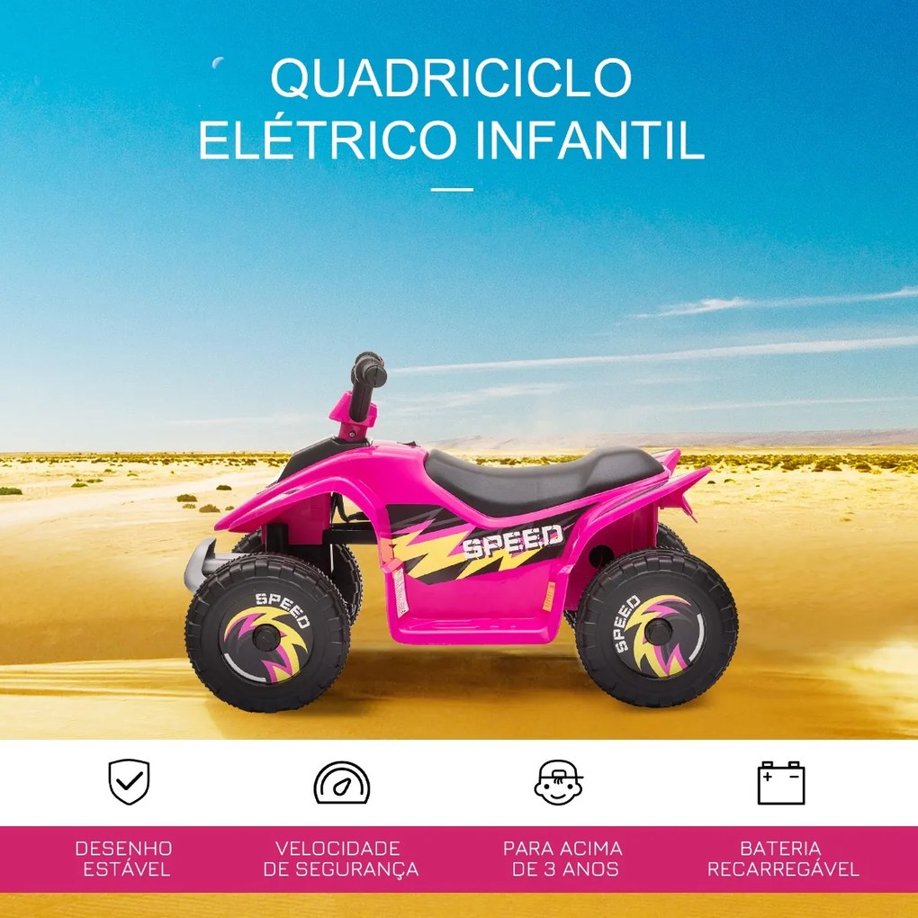 Moto 4 Elétrico para Crianças de 18-36 Meses Quadriciclo a Bateria 6V com Avance e Retrocesso 72x40x45,5cm Rosa