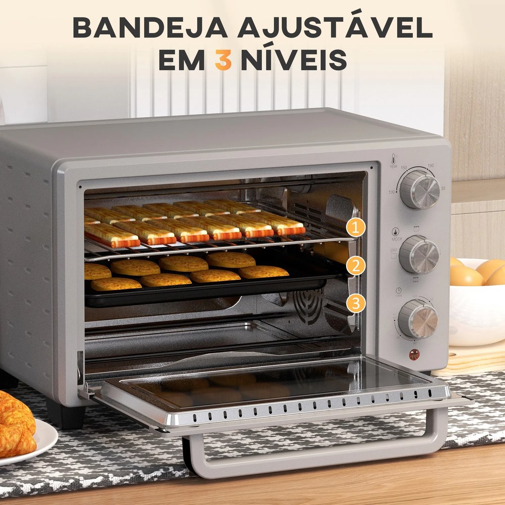 Mini Forno Elétrico 21L 1400W com Temporizador até 60min e Temperatura Ajustável até 230℃ 46x38,5x29 cm Prata