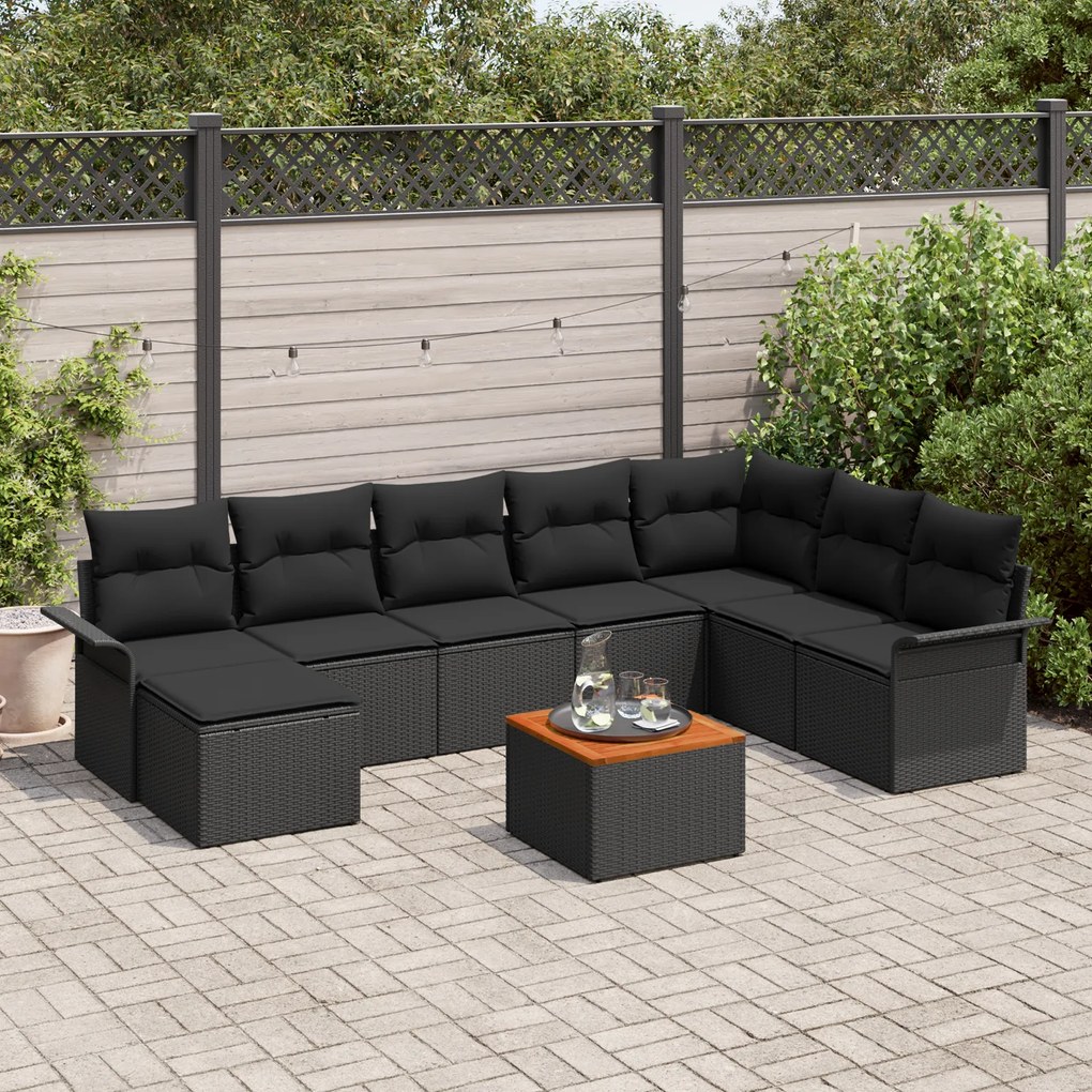 Conjunto de Sofás de Jardim de 9 Peças com Almofadas Preto Polivime Ac