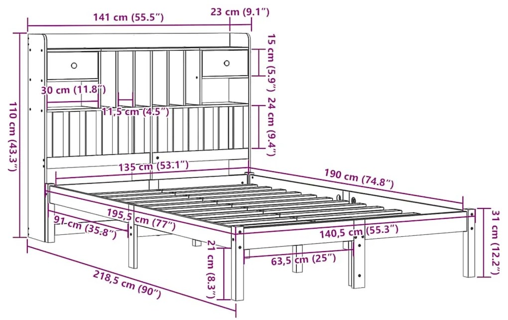 Cama com estante sem colchão 135x190 cm pinho maciço branco