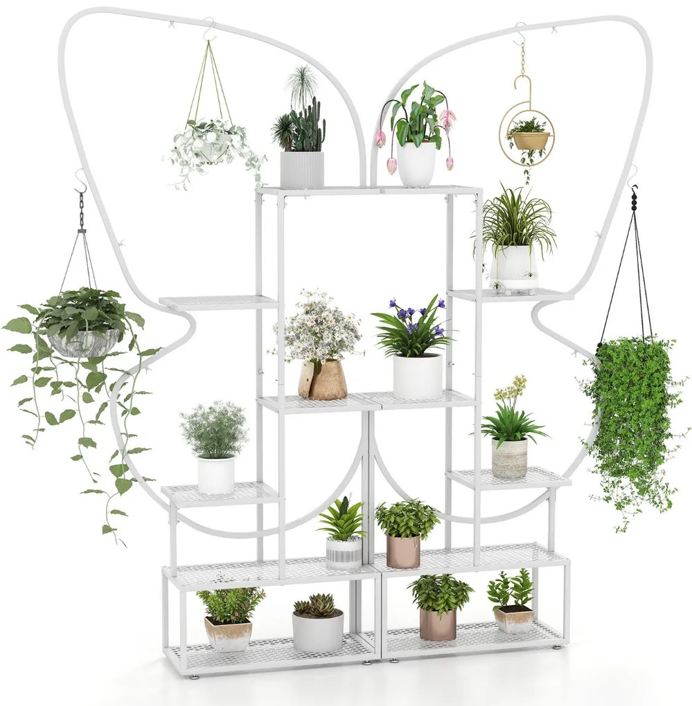 Suporte para plantas de metal com 6 níveis, 12 prateleiras de malha metálica e 4 ganchos branca