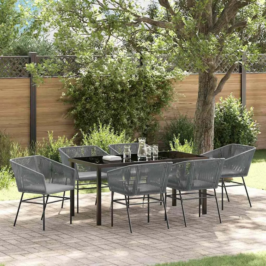 vidaXL Conjunto de Jantar de Jardim com 7 Peças e Almofadas Cinzas em Rattan Poliwoven