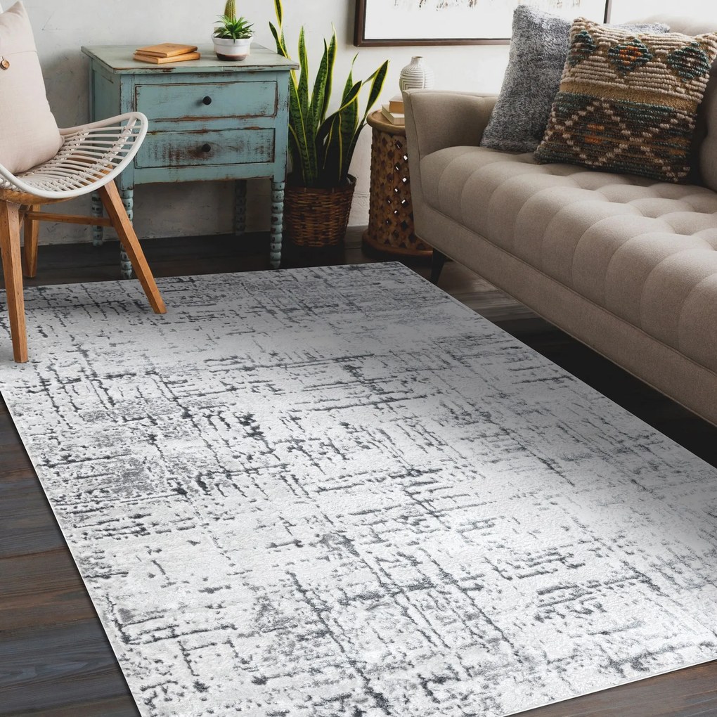Tapete MEFE moderno 8722 Linhas vintage - Structural dois níveis de lã cinza cinzento / branco