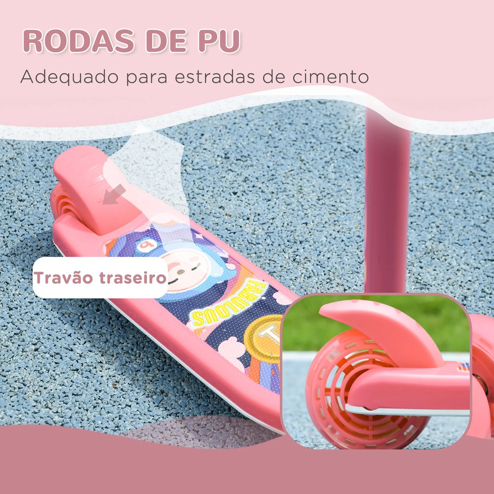 Trotinete para Crianças Trotinete com 3 Rodas LED Altura Ajustável Carga 25 kg 52x29x63-76 cm Rosa