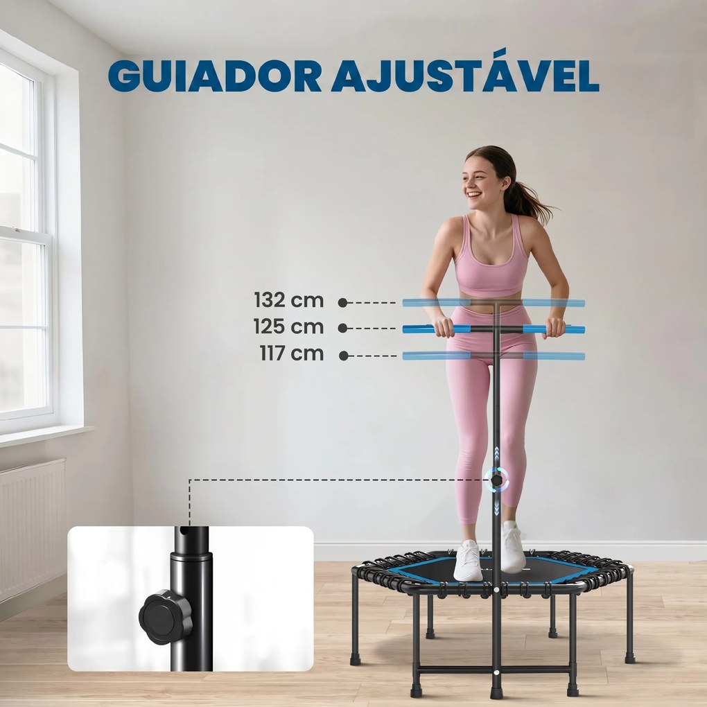 Trampolim Fitness 114x114x132 cm com Guiador Ajustável em 3 Níveis Estrutura de Aço para Treino de Perna Corpo Azul