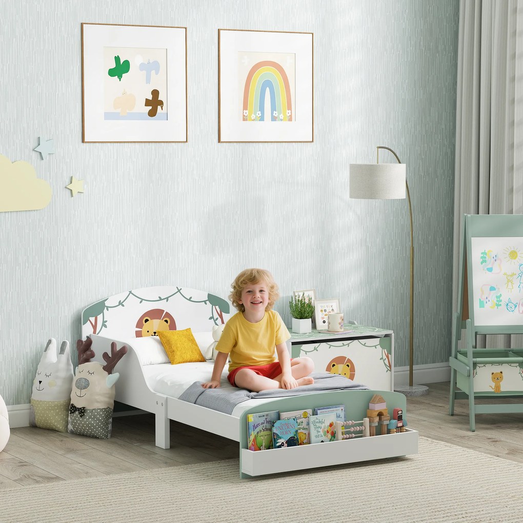 Cama Infantil para Crianças +3 Anos 70x140 cm em Madeira (Colchão não incluído) com Armazenamento e Desenho de Leão para Quarto Verde