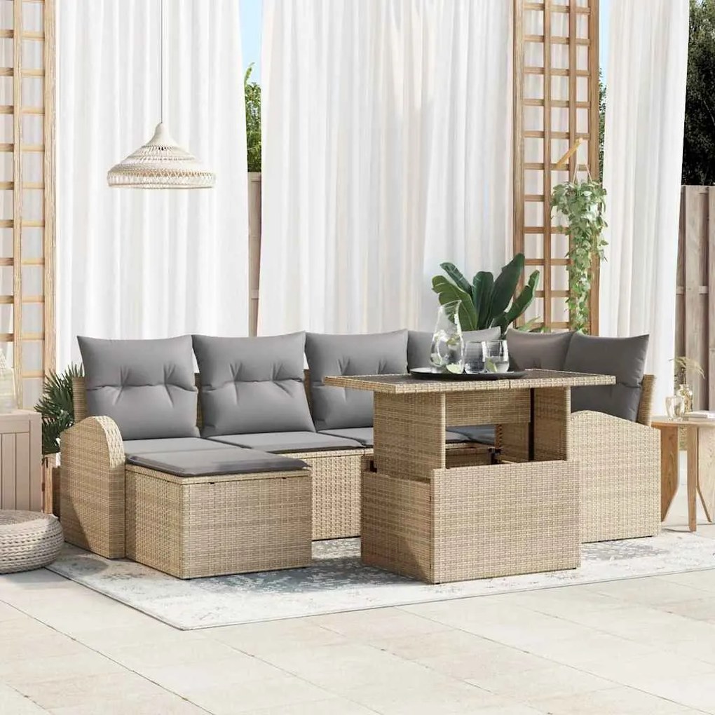 vidaXL Conjunto de Sofá de Jardim 7 Peças com Almofadas Bege em Rattan Sintético