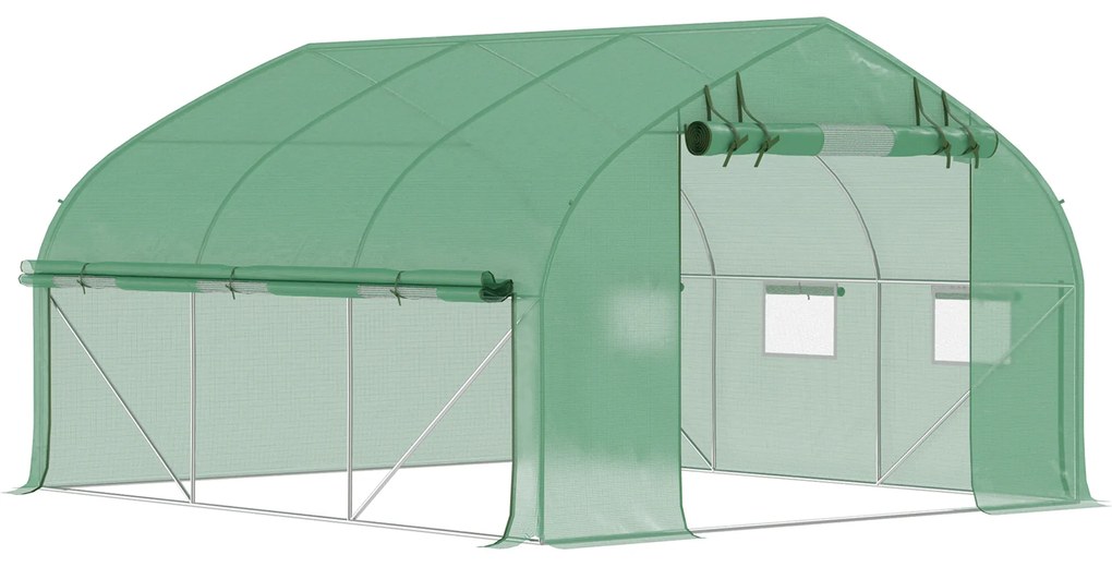 Estufa Tipo Túnel 347x300x200 cm Estufa de Jardim com Porta Enrolável 6 Janelas Cobertura PE 140g/m² Verde